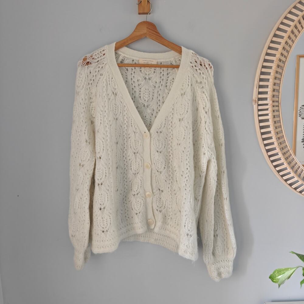 SEZANE Joia Cardigan Ecru Mohair Merino Openwork V-Neck Oversized Sweater M